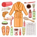 Morning set with newspaper, coffee, bathrobe, hygiene tools and cosmetics