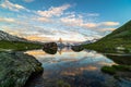Morning shot of the Matterhorn Monte Cervino, Mont Cervin pyramid and Stellisee lake. Royalty Free Stock Photo