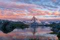 Morning shot of the Matterhorn Monte Cervino, Mont Cervin pyramid and Stellisee lake. Royalty Free Stock Photo