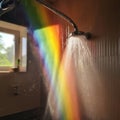 Morning shower, sunlight and rainbow on water drops,