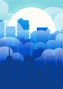 Morning sky and clouds over city silhouette cityscape illustration. Modern background with winter sunrise in town.