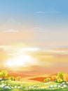 Morning sky with orange and blue sky with clouds, Spring landscape in countryside with green meadow on hills,Vector nature