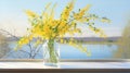 a morning spring still life arrangement featuring blooming broom branches placed in a jar of water, set beside a window