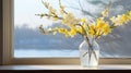 a morning spring still life arrangement featuring blooming broom branches placed in a jar of water, set beside a window