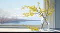 a morning spring still life arrangement featuring blooming broom branches placed in a jar of water, set beside a window