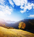 Morning in St. Magdalena village. Location Val di Funes, Dolomite alps, Italy, Europe