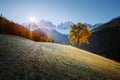 Morning in St. Magdalena village. Location Val di Funes, Dolomite alps, Italy, Europe