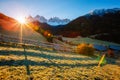 Morning in St. Magdalena village. Location Val di Funes, Dolomite alps, Italy, Europe