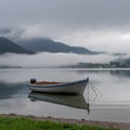 Morning stillness: Fog on the lake, boat, and mountains in the distance. Royalty Free Stock Photo