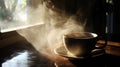 Morning sun through coffee steam