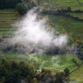 The morning sun dissipates the mist over the green meadows Royalty Free Stock Photo