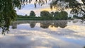 In the morning, the sun rises over the river behind the trees among the clouds. Willows bow their branches over the water. The col Royalty Free Stock Photo