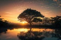 Morning sun rising over trees by the water, serene silhouette