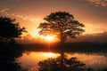 Morning sun rising over trees by the water, serene silhouette