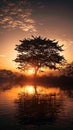 Morning sun rising over trees by the water, serene silhouette