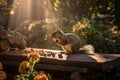 morning sun shining on backyard wildlife and critters, including squirrels and birds