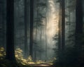 morning sun shining through the thick fog in the forest Royalty Free Stock Photo