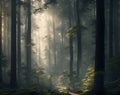 morning sun shining through the thick fog in the forest Royalty Free Stock Photo