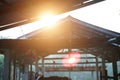 Morning sunlight on barn cowshed roof in farm