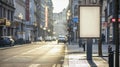 Morning Sunlight Bathes An Urban Street, Highlighting A Blank Billboard, With Cars And Pedestrians