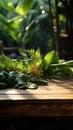 Morning sunlight casts shadows on a wooden table with lush banana leaves