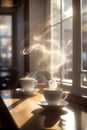 Morning sunlight filtered through the window with hot coffee