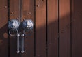 Morning sunlight and shadow on surface of the antique Chinese lion head doorknob with stainless steel door handle on hardwood gate