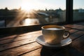 Morning sunlight on takeaway coffee with empty space for text