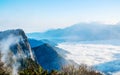 Morning sunrise, dramatic cloud of sea, giant rocks and Yushan mounatin under bright blue sky in AlishanAli mountain National Pa Royalty Free Stock Photo