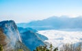 Morning sunrise, dramatic cloud of sea, giant rocks and Yushan mounatin under bright blue sky in AlishanAli mountain National Pa Royalty Free Stock Photo