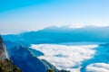 Morning sunrise, dramatic cloud of sea, giant rocks and Yushan mounatin under bright blue sky in AlishanAli mountain National Pa Royalty Free Stock Photo