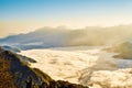 Morning sunrise, dramatic cloud of sea, giant rocks and Yushan mounatin under bright blue sky in AlishanAli mountain National Pa