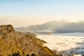 Morning sunrise, dramatic cloud of sea, giant rocks and Yushan mounatin under bright blue sky in AlishanAli mountain National Pa