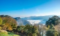 Morning sunrise, dramatic cloud of sea, giant rocks and Yushan mounatin under bright blue sky in AlishanAli mountain National Pa