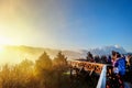 Morning sunrise, dramatic cloud of sea and Yushan mounatin under bright blue sky in AlishanAli mountain National Park, Taiwan