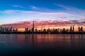 Morning, sunrise or dusk in Dubai. Dawn over Burj Khalifa. Beautiful colored cloudy sky over Dubai downtown . Glow over Royalty Free Stock Photo