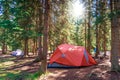 Morning Sunrise Over Camping Tent in Banff National Park Royalty Free Stock Photo