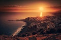 morning sunrise over city skyline and ocean with view of crete in the distance Royalty Free Stock Photo