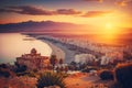 morning sunrise over city skyline and ocean with view of crete in the distance Royalty Free Stock Photo