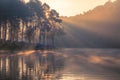 Morning sunrise over stream and pine tree camping in lake at Pang Ung lake,  Mae Hong Son province, Thailand Royalty Free Stock Photo