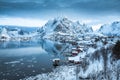 Morning sunrise in Reine, unbelievable view on small fishing village in Lofoten, Royalty Free Stock Photo