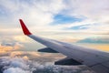 Morning sunrise with Wing of an airplane. Photo applied to tourism operators. picture for add text message or frame website. Royalty Free Stock Photo