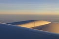 Morning sunrise with Wing of an airplane. Photo applied to tourism operators. picture for add text message or frame website. Trave