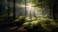 Morning sunset misty in the forest. Forest trees