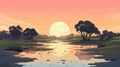 Watercolor Mild: A Detailed Sunset Landscape With Water And Trees