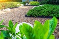 The morning sunshine shines on the large rocks and pinto peanut ground in the garden, beautifully decorated in front of the house, Royalty Free Stock Photo