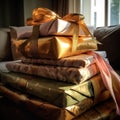 Morning Surprise: A Stack of Wrapped Presents with a Bow