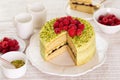 Morning table with Pistachio sponge cake and pistachio cream with raspberries.