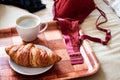 Morning, tasty breakfast to bed. Lingerie, bras and coffee. Royalty Free Stock Photo