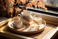 Morning tea, a kettle of tea and cups of green tea, on a tray. Chinese tea ceremony.